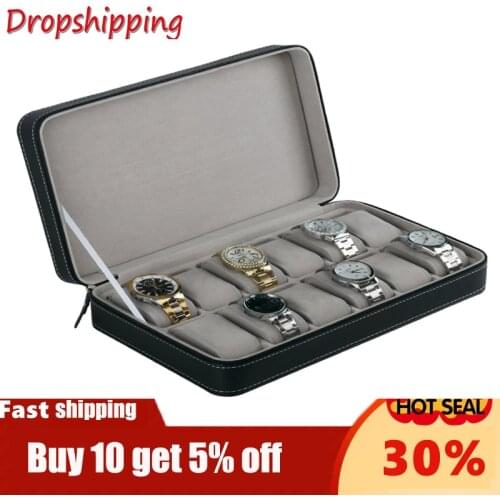 Watch Box 6/10/12slots PU leather Jewelry Watch Case Elegant Wrist Watch Present Gift Case Display Storage Organizer Holder Gray