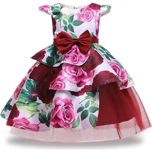 Summer Kids Vintage Print Dress For Girl Children Costumes Party Princess Dresses Girls Big Flower Vestido Baby Clothing 8 10 Y