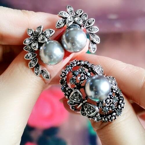 LEEKER Vintage Simulated Pearl Big Ring And Stud Earrings Women Jewelry Sets For Wedding Party 3 Colors 037 LK7