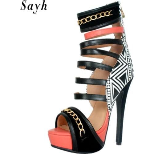 Summer Womens Sandals Punk Peep Toe High Heels Shoes Pumps Metal Chain Platform Sexy Rome Gladiator Party Shoes