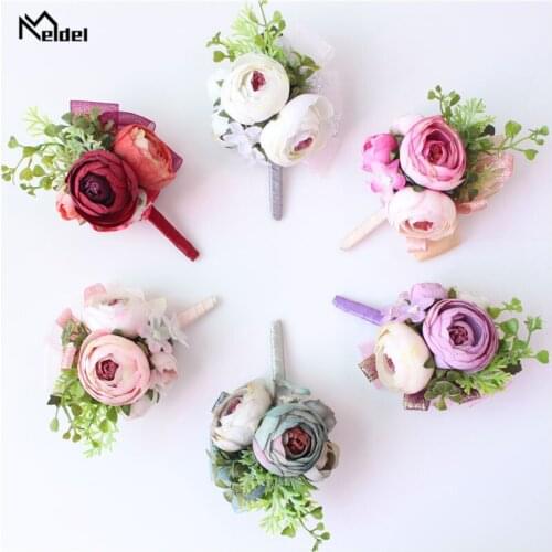 Meldel Groom Corsage Boutonniere Bridal Wrist Corsage Bracelet Artificial Silk Rose Flower Party Prom Meeting Wedding Supplies