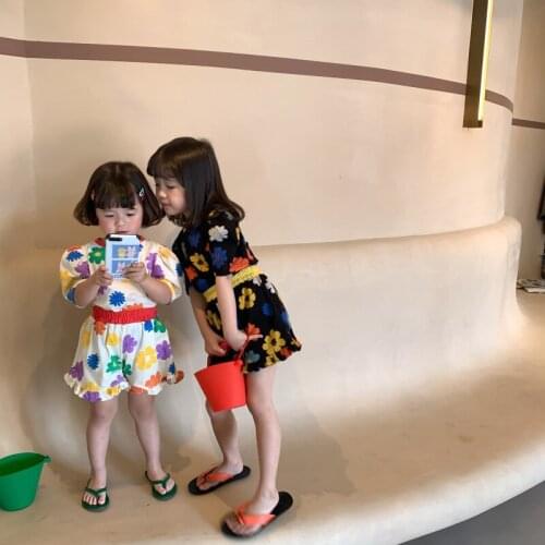 MILANCEL 2021 Summer New Kids Suit Cute Floral Puff Girls Sets Short Sleeve Tees and Loose Shorts Casual 2Pcs for Sisters