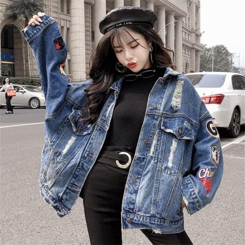 Harajuku Fashion Embroidery Holes Loose Denim Jacket Womens clothing Blue Spring Loose Casual Long Jacket