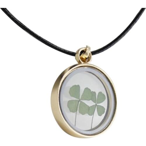 Fashion Women Dried Clover Transparent Disc Dangle Necklace Office Party Jewelry