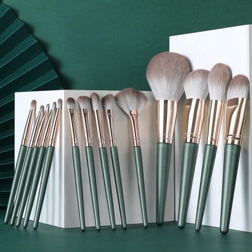 14pcs Green Makeup Brushes Set Professional Foundation Eyeshadow Blending Powder Eyebrow Brushes for Face Eye Cosmetic Tools