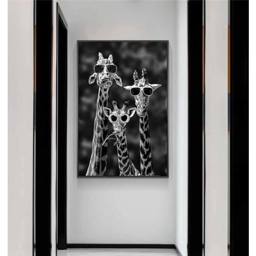 Funny Giraffe Family with Sunglasses Canvas Painting Posters and Prints Black and White Animals Wall Art Pictures for Home Decor