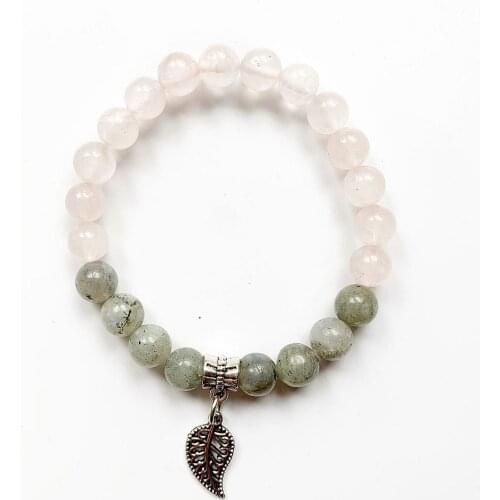 Natural White Labradorite Stone Pink Quartz Crystal Beads Tibetan Silver Leaf Charm Pendant Bracelet Strand for Men Women 1PC