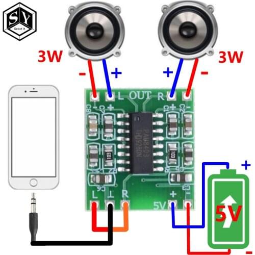 5PCS PAM8403 Super mini digital amplifier board 2 * 3W Class D digital amplifier board efficient 2.5 to 5V USB power supply