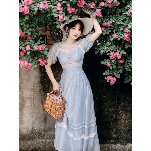 Women Puff Sleeve Princess Blue Gentle Fairy Dresses Summer Lace Square Neck French Elegant Dress Party Vestido