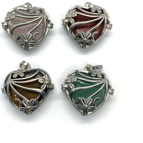 Natural Stone Pendant Tiger Eye Stone Golden Sandstone Powder Crystal Hollow Heart Shaped Metal Shell DIY Charm Jewelry Pendant