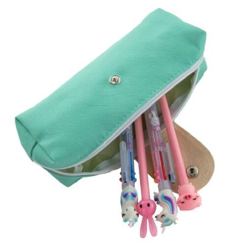 Simple Beard Snap Button Pencil Case PU Large Capacity Student Stationery Bag Square Pencil Case Korean Version Leather