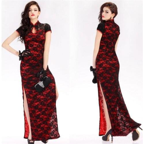 Sexy Women Chinese Traditional Cheongsam Black Embroidery Vintage High Split Slim Qipao Party Elegant Evening Dress Plus Size