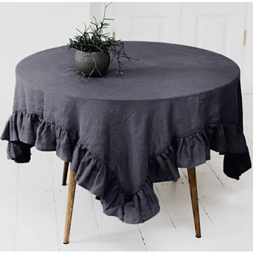 Black Ruffles Tablecloth Pure Cotton Linen Round Tablecloth With Flounce Edge Retangle Table Cover 140x200cm Dining Table Cloth