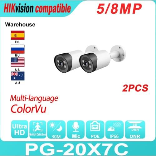 Hikvision Compatible IP Bullet Camera 2PCS ColorVu PoE 8MP Built-In Mic H.265 Onvif IR Range 30M Motion Detection IP66Waterproof