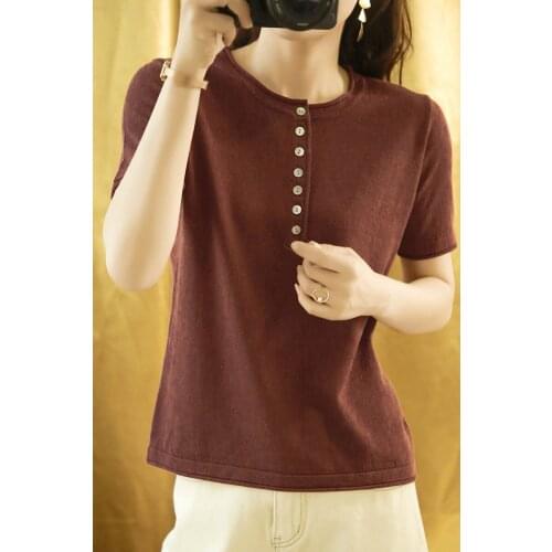 Summer Thin Cotton Short Sleeved Tops Womens T-Shirt Solid Regular Casual Knitted ONeck With Button Sweater Top Female Pullover
