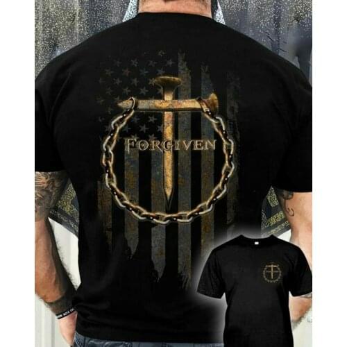Unique Cross Nail Chain Jesus Forgiven Flag T-Shirt. Summer Cotton Short Sleeve O-Neck Mens T Shirt New S-3XL