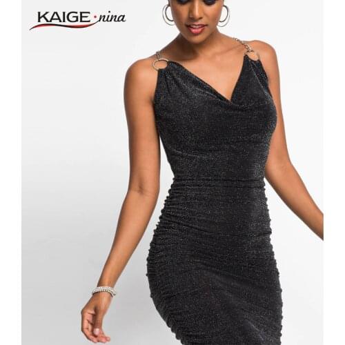 Knit Dress Office Lady Black Pencil Sleeveless Vintage Sequins Draped Mini V-neck Sexy Woman Spaghetti Strap dress 19095