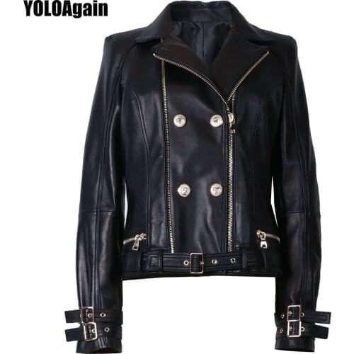 YOLOAgain high quality women genuine leather jacket ladies double breasted real sheepskin leather jacket