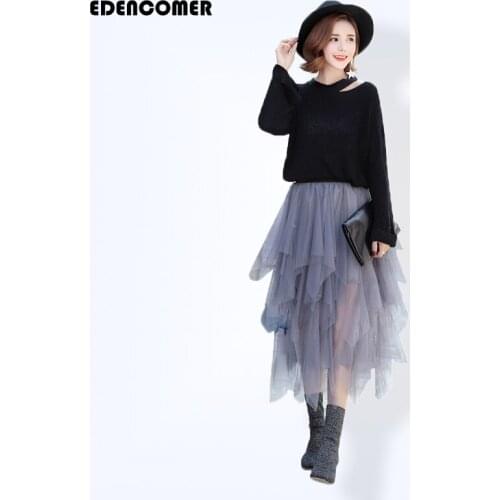 Fashion Tulle Irregular Skirt Korean Women Natural Solid Color Ball Gown Long Skirts Tulle Vintage Empire Skirt 2019 Autumn New