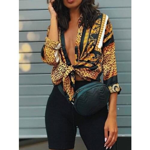 2020 Spring Women Elegant Party Loose Button Shirt Turn-down Collar Female Leopard Print Knot Front Long Sleeve Blouse