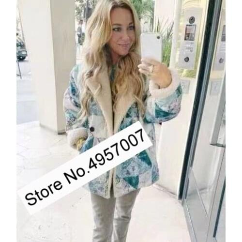 Ladies Stylish Lapel Panel Quilted Contrast Print Wadded Jacket Top Outerwear Features Faux Suede Lining