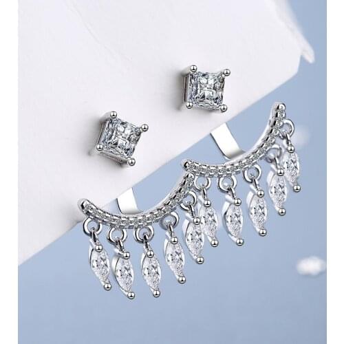 New Womens Luxury 925 Sterling Silver Jewelry High Quality Tassels Crystal Zircon Simple Retro Fan-shaped Wedding Earrings