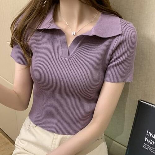 Short Pullover Women Sweater Knitted Crop Tops Slim Turn-down Collar 2021 Summer Tops Sexy Korean Fashion Pullovers Para Mujer