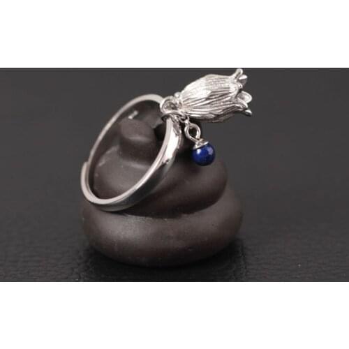 Chinese Style Vintage Hollowed Out Small Flowers S925 Sterling Silver Ring Female Natural Lapis Lazuli Ring