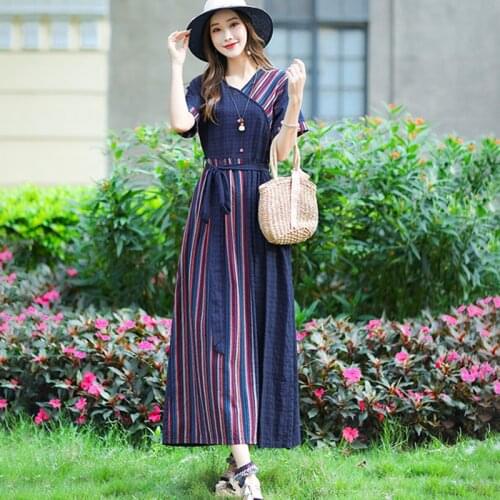 Striped Patchwork Soft Cotton Linen Thin Loose Summer Dress 2021 New Arrival Sashes Office Lady OL Work Dress Women Casual Dress