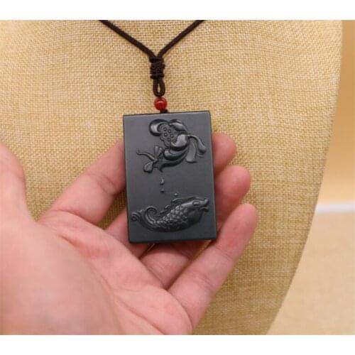 Natural Dark Green HETIAN Stone Pendant Carved Lotus Flower and Carp Fish Stone Pendant Necklace Jewelry Women Free rope