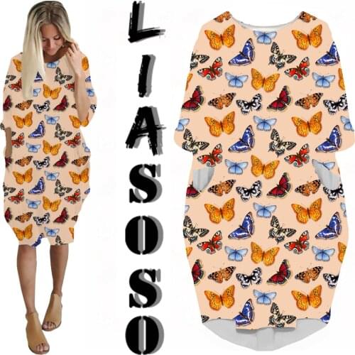 LIASOSO Ladies Dress 3D Fun Print Butterfly Pattern Graphic Womens Summer Fashion Loose Long Sleeve Over the Knee Dress Skirt