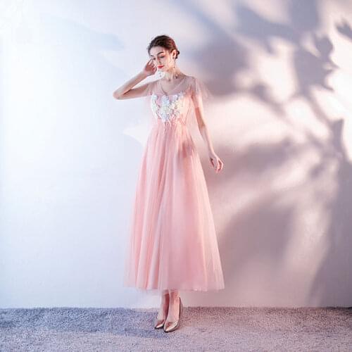 Women Tea Party V-neck Mesh Slim Pink Gray Blue Flowers Wedding Evening Dress Robes De Cocktail Dresses 4731