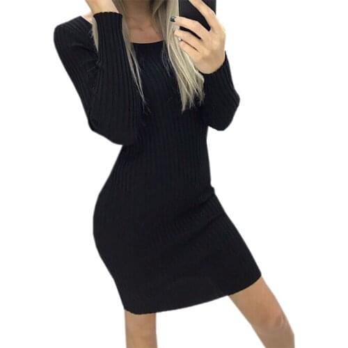 O-Neck Long Sleeve Skinny Dress Women Minimalist Autumn Knitted Casual Basic Mini Dress Soild Color Elegant Party Slim Dress New