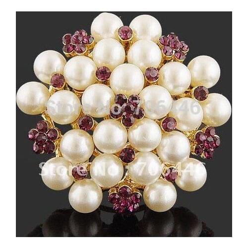 Gold Tone Ivory Pearl Lilac Rhinestone Crystal Diamante Pearl Cluster Bouquet Brooch