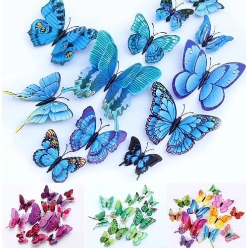 12Pcs/lot Multicolor Butterfly Wall Decals Double Layer 3D DIY Butterflies Wall Stickers For Home Decor Living room