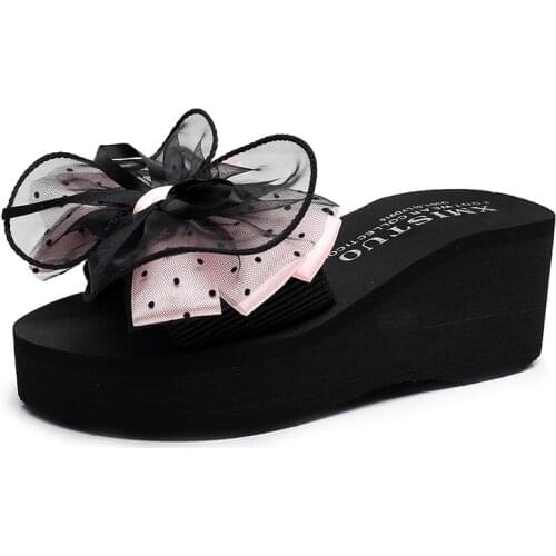 2020 Summer Beach Slides Casual Women Shoes Sweet Bowknot Wedge Flower Slippers Sandals Open Toe Outdoor Fashion Lady Flip Flops