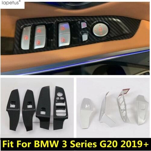 Lapetus Accessories For BMW 3 Series G20 2019 - 2021 ABS Armrest Window Glass Lift Button Panel Cover Kit Trim / Carbon Fiber