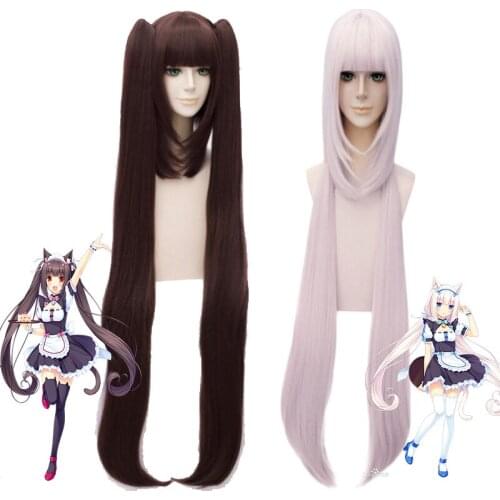 Anime Game Nekopara Cosplay Hair Chocola Vanilla Cosplay 110cm Long Chocolate and Pink Cosplay Headwear Synthetic Hair