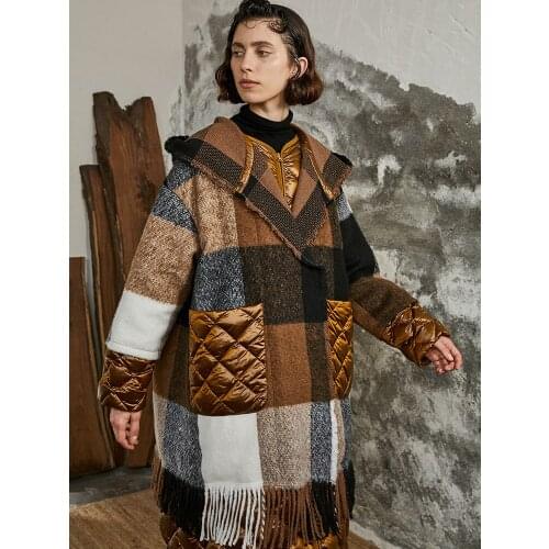 IRINACH54 2020 New Collection hooded long oversize plaid wool coat women white duck down jacket winter