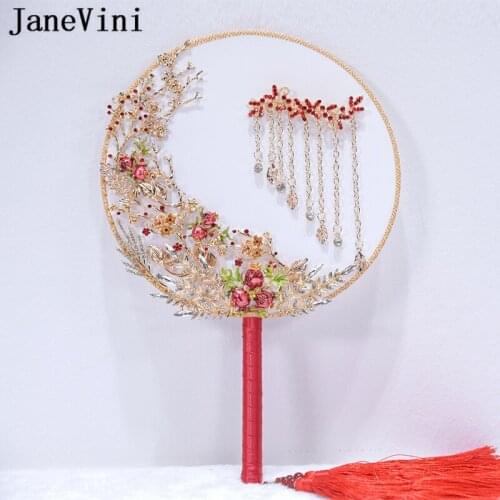 JaneVini Luxury Chinese Red Wedding Fan Bouquets Crystal Beaded Gold Tassel Aftificial Flowers Metal Hand Fan Bridal Accessories