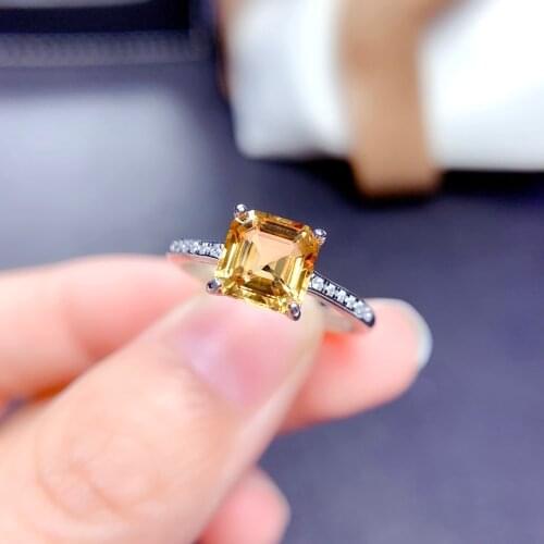 Luxury 100% 925 Sterling Silver Rings Asscher Cut 7*7 MM Natural Citrine Gemstone Wedding Party Classic Ladies Ring Fine Jewelry