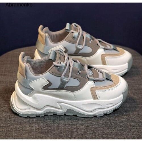 Spring Beige Platform Sneakers Women Shoes Breathable Lace Up Thick Bottom Chunky Sneakers Leather Vulcanize Shoes Woman Size 40