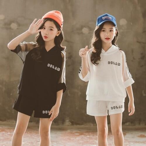 Summer Youth Girl Sports Suit Kid Letter Hooded Cotton Short Sleeve + Girl Loose Sports Shorts Student Running Sports Suit 2PCS
