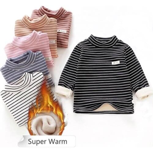 2020 New Children Striped Boys Clothing Kids T-Shirt For Girls Pullover Winter Long Sleeve Plus Velvet Thick Warm Clothes 1 to 8