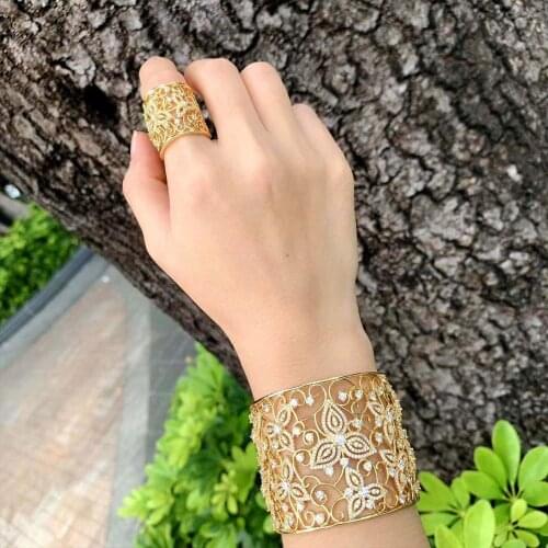 Newness Luxury Exaggeration Super large Bracelet Bangle Finger Rings Full Cubic Zircon Copper Hand Jewelry