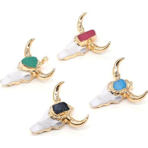 Bull-head Shape Pendant Ox Bone and Druzy Agates Pendant for Jewelry Making DIY Bracelets Necklace Accessories 46x46mm