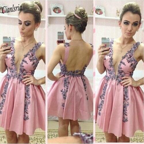 Pink Deep V-Neck Backless Mini Homecoming Dresses Purple Appliques Beading Spaghetti Strap Short Cocktail Graduation Dress