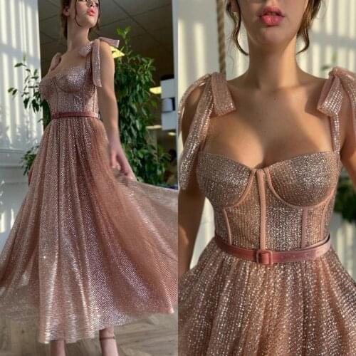 Rose Gold Evening Gowns Bling Glitter Ankle Length A Line Prom Dresses Lace Velvet Belt Vestidos Formal Robe De Soirée