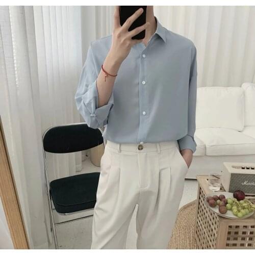 Mens Blue Simple Style Shirt Korean Long Sleeve Trendy Loose 2020 New Spring Autumn Classic Lazy Style Shirt Camisa Masculina