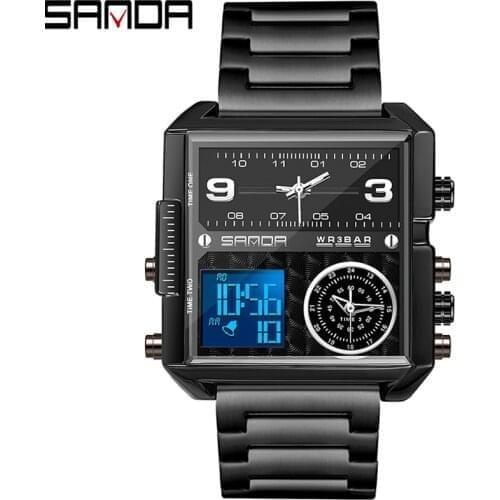 SANDA Square Men Chronograph Quartz Watch Luxury Black Digital Wristwatch Mens Dual Display Analog Watches Stainless Steel